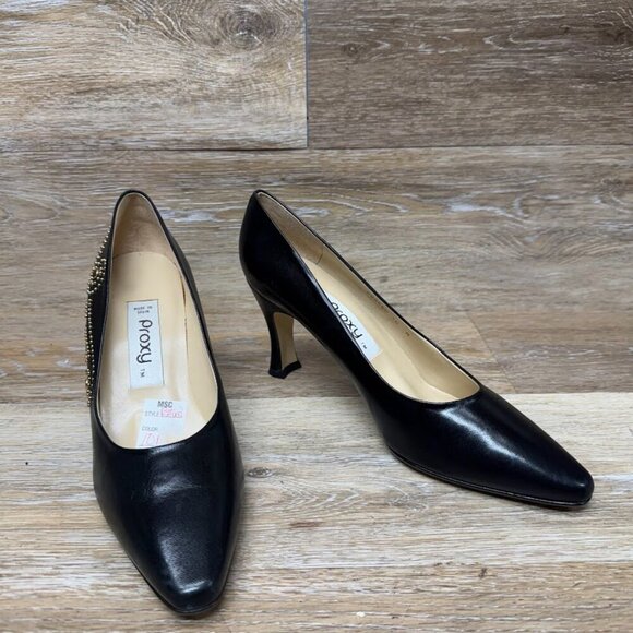 Proxy Black Leather Gold Stud Accent Heels Women's Size 10 - Picture 7 of 8